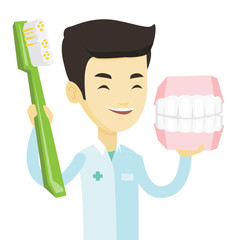 Sticker - Dentist with dental jaw model and toothbrush.