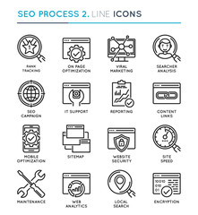 Wall Mural - SEO Search Engine Optimization process thin line icon set. Edita