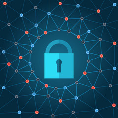 Poster - Global IT security protection concept. Web background with closed padlock and lines connecting dots.
