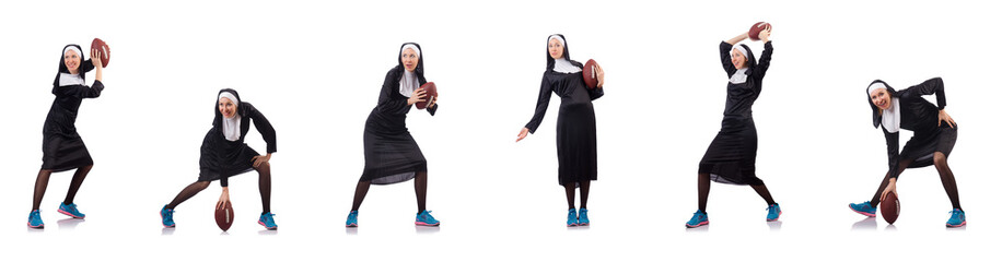 Wall Mural - Pretty nun with rugby ball isolated on white