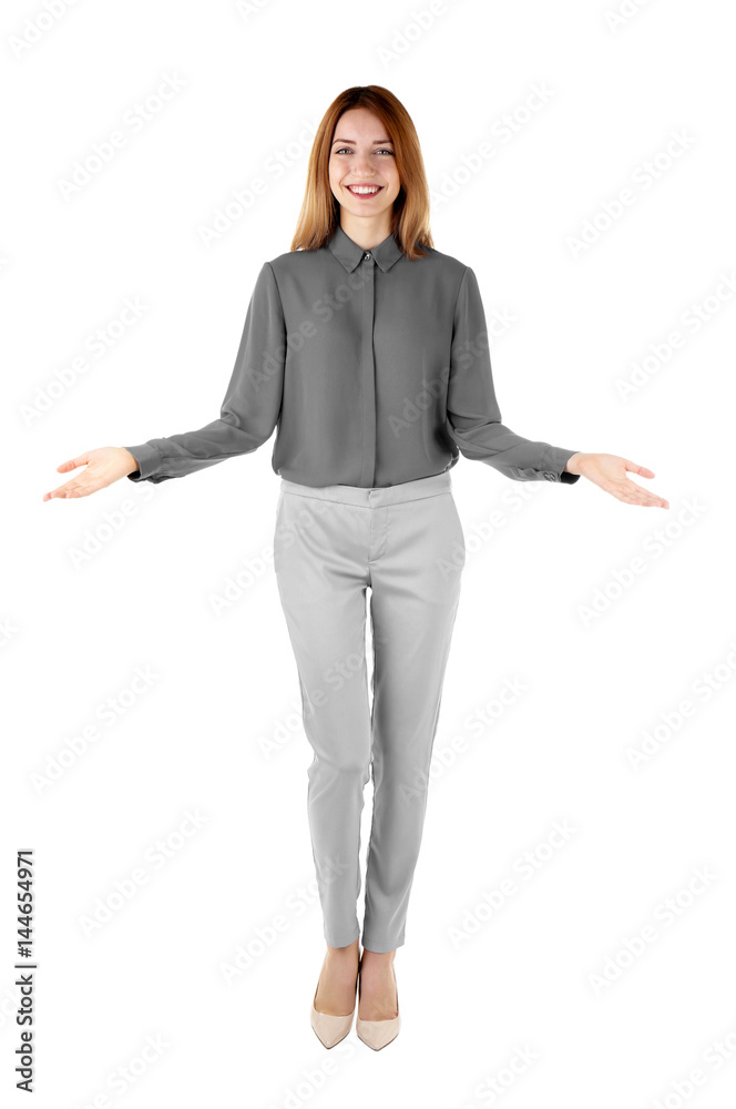 Young beautiful businesswoman on white background