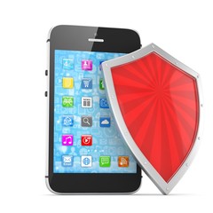 Wall Mural - Smartphone and shield on white, security concept. 3d rendering.