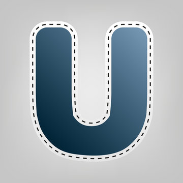 Letter U sign design template element. Vector. Blue icon with outline for cutting out at gray background.