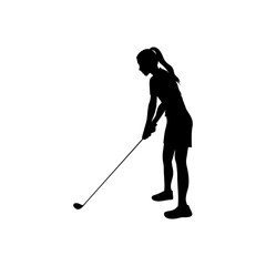 Sticker - black silhouette girl playing golf in position vector illustration