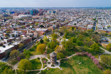 Sticker - Aerial view of the pagoda at Patterson Park, in Baltimore, Maryland.