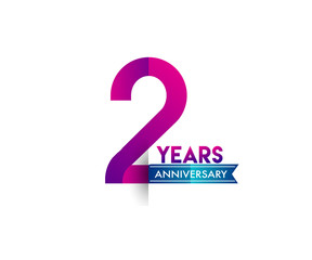 two years anniversary celebration logotype colorful design with blue ribbon, 2nd birthday logo on wh