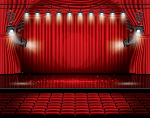 Red Stage Curtain with Spotlights, Seats and Copy Space.