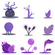 Fantasy flat set plants. Violet flowers and trees, alien. Simple forms