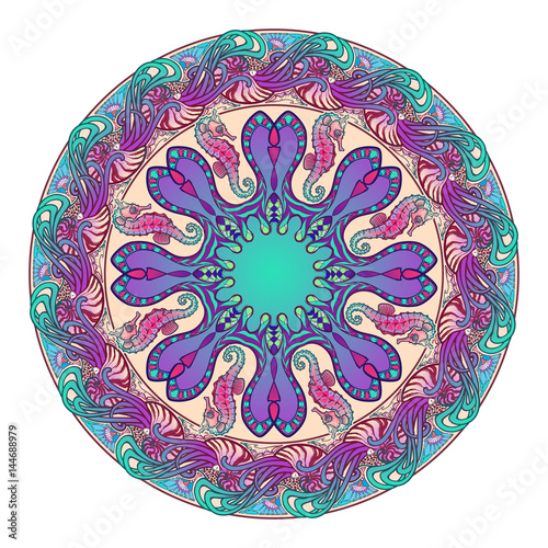 Fotografie, Obraz Circular ornament with Nautilus Pompilius sea horse and other sea creatures in Art Nouveau style