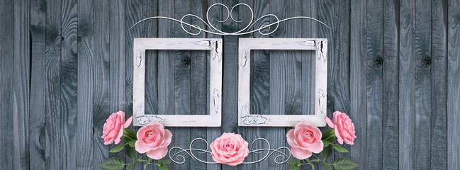 Wall Mural - Vintage card with photo frames and roses