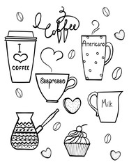 Hand drawn doodle coffee set.