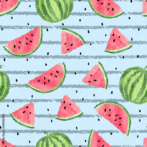 Stoffe zum Nähen Nahtlose Wassermelone Muster. Vektor-gestreiftes Sommer Hintergrund mit Aquarell Wassermelone Scheiben.