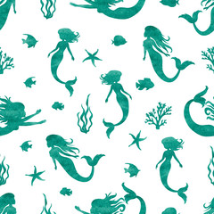 Canvas Print - Seamless watercolor mermaid pattern. Vector marine background. 