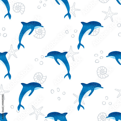 Seamless watercolor dolphin...
