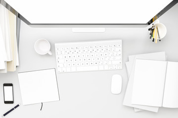 Poster - Top view of workpark with blank white computer screen, coffee cup, and book in home work. Mock up , 3D render