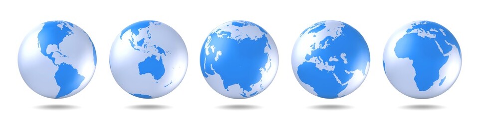 Set of blue globes. Five continents in different ways. America, Asia, Australia, Europe, Africa. 