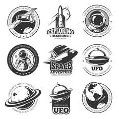 Sticker - Retro space, astronaut, astronomy, spaceship shuttle vector labels, logos, badges, emblems