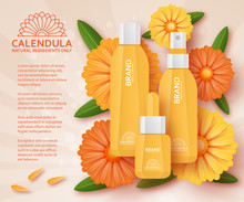 Natural Cosmetic Template With Calendula. Vector Illustration.