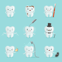 Canvas Print - White teeth with different emotions set for label design. Cartoon detailed Illustrations