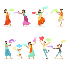 Canvas Print - Smiling people dancing in national Indian costumes set for label design. Indian dance, Asian culture, cartoon detailed colorful Illustrations