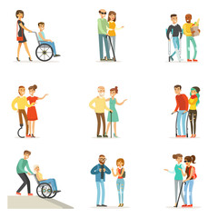 Sticker - Help and care for disabled people set for label design. Cartoon detailed colorful Illustrations