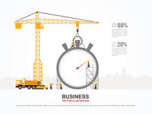 Crane And Stopwatch Building. Infographic Template. Vector Illustration.