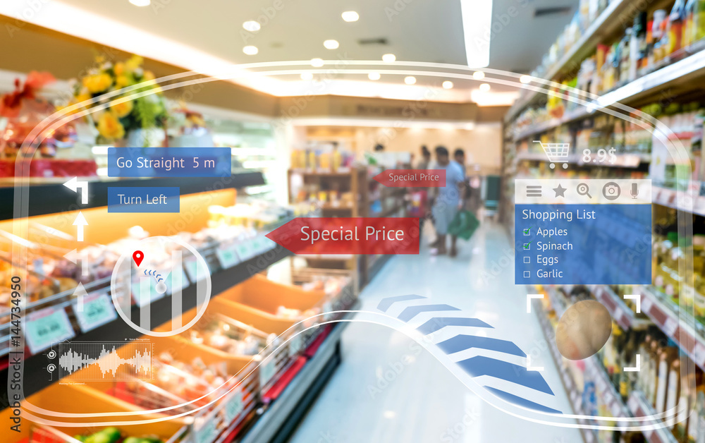 Fotografia do Stock Augmented reality marketing and smart retail concept.  Customer using AR glasses navigation application to buy shopping list items  and find sale special price retail store mall. | Adobe Stock
