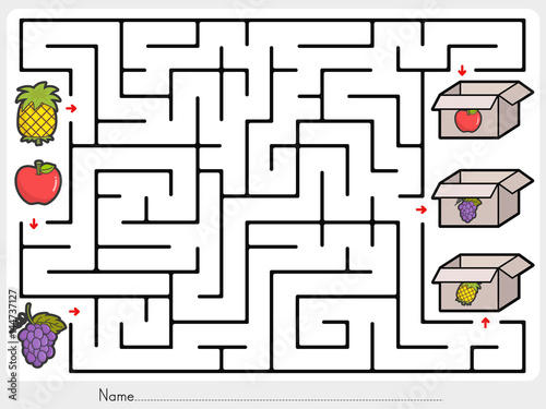 Fotografía Maze game: Pick fruits box - worksheet for education