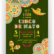 Cinco De Mayo poster template with text customized for invitation for fiesta party, ornate Mexican maracas and sombrero at dark ornament.
