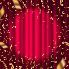 Wall Mural - Golden confetti and spotlight on a red curtain. Vector illustration.