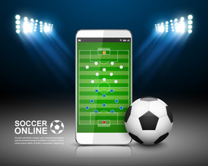 Wall Mural - Soccer Online Concept, Soccer field on smartphone , vector illustration