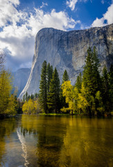 Wall Mural - Mountain and trees reflected in river with clouds and sky