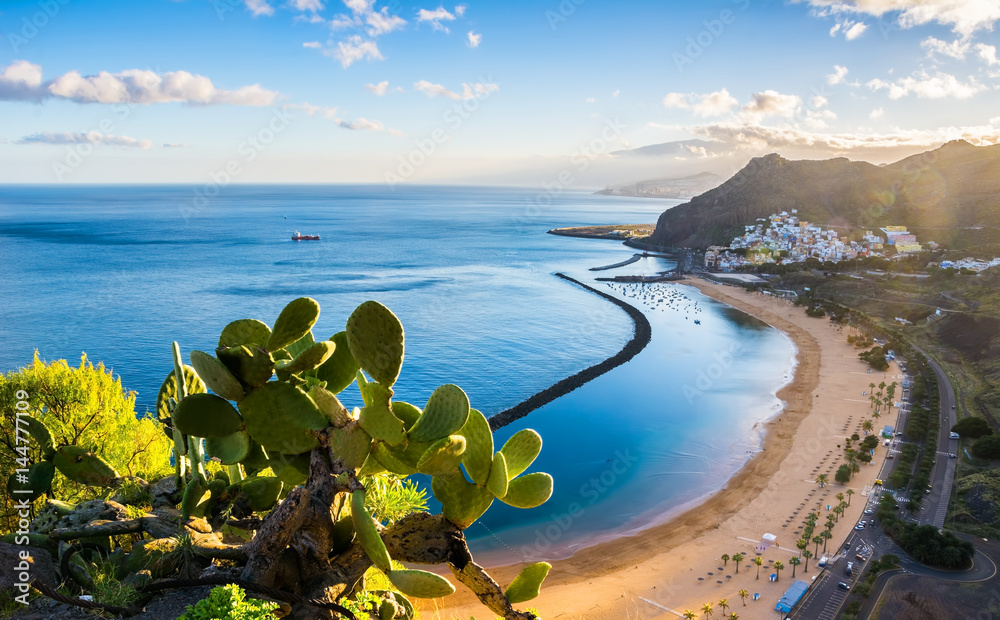 Amazing view of beach las Teresitas with yellow sand. Location: Santa Cruz de Tenerife, Tenerife, Canary Islands. Artistic picture. Beauty world. - obrazy, fototapety, plakaty 