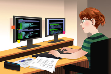 Female Programmer Coding on a Computer