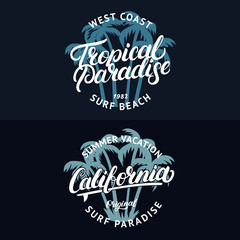 Wall Mural - Set of California and Tropical Paradise hand written lettering with palms.