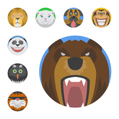 Cute animals emotions icons isolated fun set face happy character emoji comic adorable pet and expression smile collection wild avatar vector illustration.