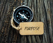 © Yunus Malik - Compass and paper tag written with PURPOSE on wooden background.