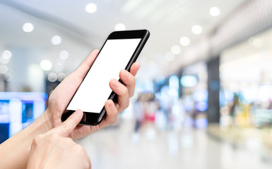Aufkleber - Hand click mobile phone with blur department store background bokeh light,White screen mock up template for adding your design or your text