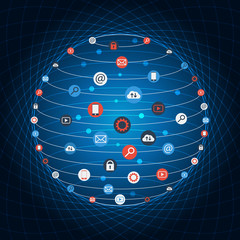 Poster - Global concept internet networking circle with flat icons illustration. Social Networking Creative Icon Collection. Global IT concept and planet earth