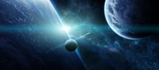 Poster - Sunrise over distant planet system in space 3D rendering elements of this image furnished by NASA