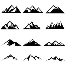 Set Of Mountains Silhouettes. Mockups For Creating Logo, Badges And Emblems. Vector Illustration