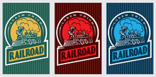 A Set Of Colorful Retro Posters With A Vintage Locomotive
