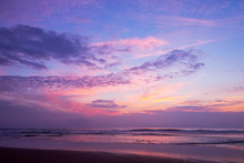 Atlantic Ocean Sunset With Pink And Purple Sky, Lacanau France