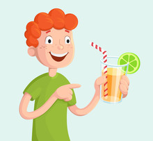 Soft Drink. Boy With Fresh Drink Vector Illustration