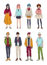 Set Of Cute Anime Characters. Cartoon Girls And Boys. Colorful Hand Drawn Illustration Collection.