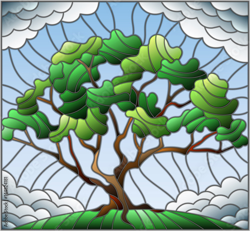 Naklejka na meble Illustration in stained glass style with tree on cloudy sky background 
