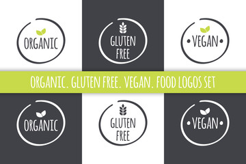 Wall Mural - Food logos set. Organic Gluten Free Vegan labels. Vector grey white isolated symbols with green leaves