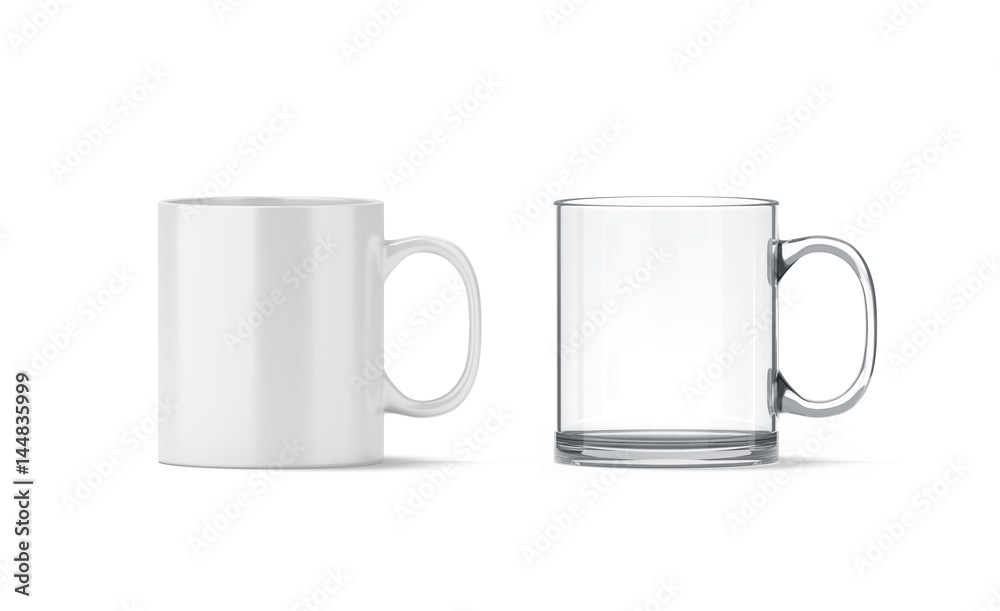 Blank white and transparent glass mug mockup isolated, 3d rendering. Clear 11  oz coffee cup mock up for sublimation printing. Empty gift pint set  branding template. Glassy translucent tankard design. Stock Photo |