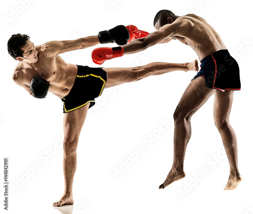 Cuadros en Lienzo two caucasian Muay Thai kickboxing kickboxer thai boxing men isolated on white b