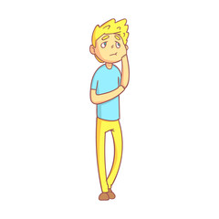 Sticker - Young blond man suffering from toothache pain pressing his cheek. Colorful cartoon character